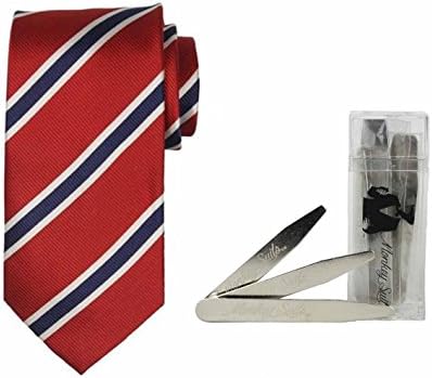 Men's Modlines Handmade Silk Tie and Monkey Suits Logo Magnetic Boxed Collar Stay Set- 18 Stays, 3 Sizes (3.75", Red/Navy Stripe)