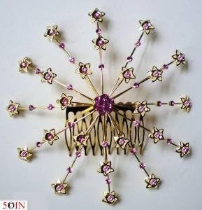 Elegant Dressy Beaded Judaica Bridal kippot kipot women's wire kippah kipa yarmulke yarmulka head covering head piece headpiece hair comb (Temple Synagogue Shul Bar Bat Mitzvah Wedding) - Decorative Design High Quality Rhinestones Swarovski Crystals - Pink Crystals on Goldplated Wire