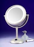 Lighted 5X to 1X Vanity Mirror in Satin Nickel