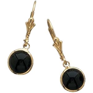 14K Yellow Gold Genuine Cabachon Black Onyx Dangle Earrings
