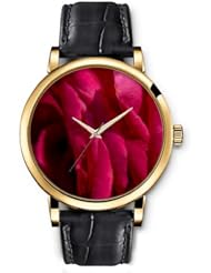 SPRAWL Aanalog Fashion Series Gold Ladies Watches of Genuine Black Leather Strap,Unique Wrist Watch for Women Girls Designed with Red petals