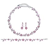 Silver Tone Pink Crystal Accent 3-Piece Necklace Earrings Bracelet Set - Ideal Gift For Mother, For Her, Birthday, Anniversary, Bridal, Wedding, Engagement