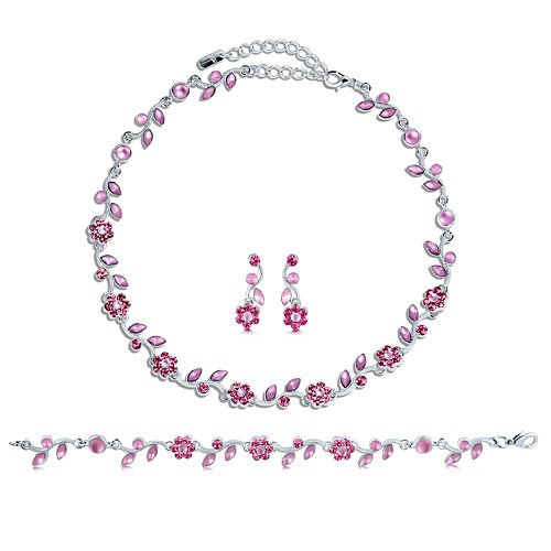 Silver Tone Pink Crystal Accent 3-Piece Necklace Earrings Bracelet Set