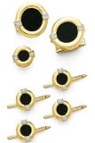 Solid 14K Gold and Onyx with Diamond Inlay Cufflinks, Tie Tac and Stud Set
