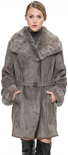 Adelaqueen Women's Faux Suede Lapel Coat with Real Rabbit Fur Collar & Cuffs