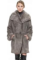 Adelaqueen Women's Faux Suede Lapel Coat with Real Rabbit Fur Collar & Cuffs
