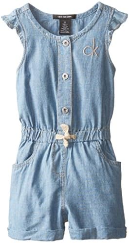 Calvin Klein Little Girls' Solid Denim Romper, Blue, 5
