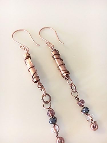 Handmade Copper Metal Wire Wrapped Rustic Stick Dangle Earrings