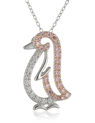 Rose Gold-Plated Sterling Silver Two-Tone Pink and Cubic Zirconia Penguin Pendant Necklace, 18"