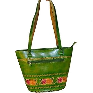 Unique Green Leather Handbag, Flower Pattern Embossed, 100% Handmade. Collectible !
