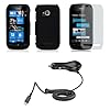 Nokia Lumia 710 (T-Mobile) Premium Combo Pack - Black Shield Case Rubberized Hard Cover + Screen Protector + Car Charger + Atom LED Flashlight