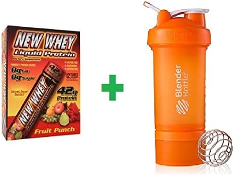New Whey Nutrition New-Whey Liquid Protein (42gr Protein) Fruit Punch 12 vials Plus Sundesa, BlenderBottle ProStak, Orange Full Color, 22 oz