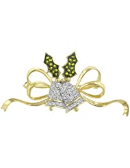 Kate Bissett CZ White Gold and 14k Gold Bonded Jingle Bells Brooch with Round Cut Clear Cubic Zirconia Accents in a Goldtone