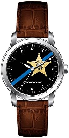 JLS WATCHJLS Creative Watches Men's Vintage Design Leather Brown Band Wrist Watch Deputy Sheriff Thin Blue Line Watch