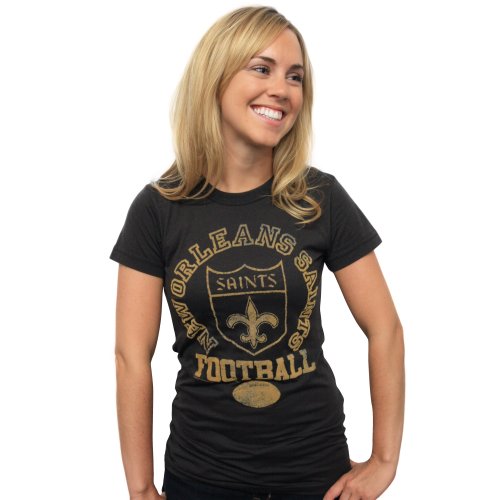 NFL New Orleans Saints Woman's Vintage Flock Short Sleeve Crew Tee, Black Wash, Large
