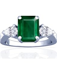 18K White Gold Emerald Cut Emerald Three Stone Ring