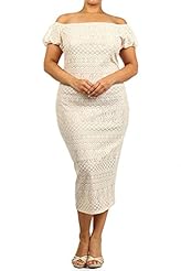 Plus Size Fitted Cotton/Nylon/Spandex/Knit Off the Shoulder Puff Sleeves Knee Length Bodycon Dress/Midi Dress 