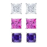 Platinum Plated Sterling Silver Princess-Cut Cubic Zirconia Stud Earrings Set in Pink, Purple and...