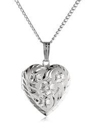 Sterling Silver Engraved Flowers Heart Locket Pendant, 18"