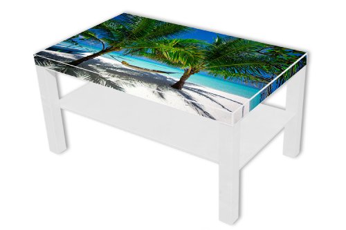 Großer Beistelltisch weiß mit Zeitungsablage und Motiv Strand