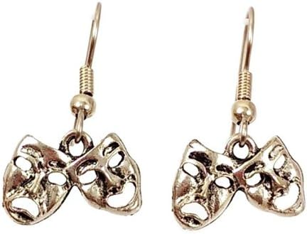 Surgical Steel Dangle Earrings Comedy Tragedy Mask Silver Tone