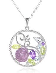 Sterling Silver Multi-Gemstone Rose Twisted Round Pendant Necklace, 18"