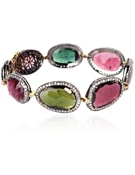 18kt Gold Multi Tourmaline Diamond Pave Link Chain Bracelet Silver Gemstone Jewelry