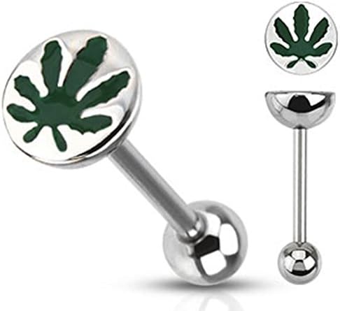 Primepanda Necklace - Pot Leaf Marijuana Green 4/20 Tongue Tounge Ring Barbell 14g 5/8"