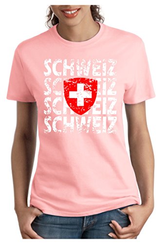 OM3 – SCHWEIZ – Damen T-Shirt tailliert – SWITZERLAND EM 2016 FRANKREICH FRANCE FUSSBALL FANSHIRT SOCCER SPORT TRIKOT EUROPAMEISTER, M, rosa