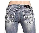 Womens Miss Me Jeans Boot Cut Designer Jeans with White Side Cross Design with Studs and Crystals on Back Pocket Open Pocket