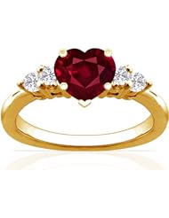 18K Yellow Gold Heart Cut Ruby Ring With Sidestones