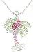 FUN Tropical Green and Pink Crystal Palm Tree Charm Necklace Silver Tone