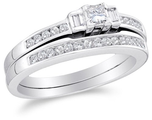 10K White Gold Diamond Classic Traditional Ladies Bridal Engagement Ring with Matching Wedding Band Two 2 Ring Set - Bezel Solitaire Setting w/ Channel Invisible Set Princess, Baguette, & Round Diamonds - (.45 cttw, G - H Color, SI2 Clarity)