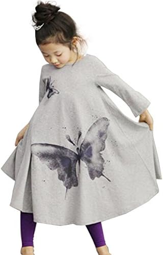FH Blossom Girls Cotton Butterfly Print Long T-shirt dress(grey)