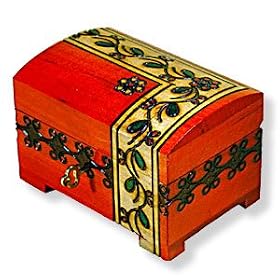 Wooden Box, 5425, Handcrafted Keepsake Chest, Red with Leaf Design, 5"x3".