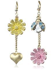 Betsey Johnson "Flower Boost" Pave Flower and Crystal Bug Mismatch Drop Earrings