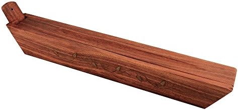10" Wooden Coffin Box Incense Burner with Brass Vine Inlay Pivoting Ash Catcher Lid