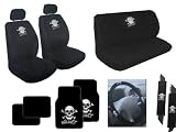 13 Piece Auto Interior Gift Set - 2 White Skull and Cross Bone Front Low Back Bucket Seat Covers, 2 White Skull and Cross Bone Head Rest Covers, 1 White Skull and Cross Bone bench seat Cover, 1 White Skull and Cross Bone Steering Wheel Cover, 2 White Skull and Cross Bone Shoulder Harness Pressure Relief Cover, 2 White Skull and Cross Bone Front Floor Mats, and 2 Plain Black Rear Floor Mats