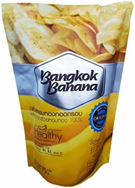 2 packs of Bangkok Banana, Crispy Homthong Banana Chips, Healthy and Deliicious fruit Snack. No Cholesterol, 0% Trans Fat, No Preservatives, No Artificial Flavors, Gluten Free. (75 g/ pack)