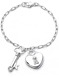 Bling Jewelry .925 Sterling Silver CZ Heart Lock and Key Charm Bracelet 7.5