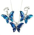 Paua Shell Butterfly Necklace & Earring Set, Silvertone, 18", CLIP-ON Earrings