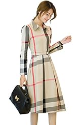 Cotton/Polyester Plaid Print Long Sleeves Belted  Shirt Midi Dress 