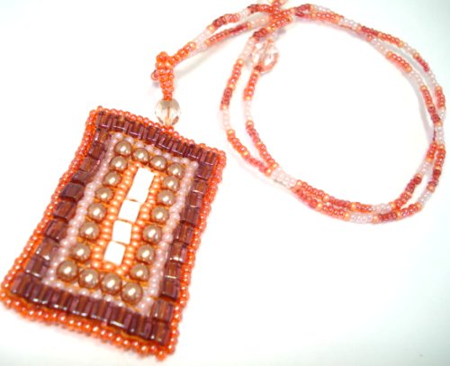 Click here to buy Crystal Glass Seed Beaded 20 Necklace Coral Citrine Pearl Rectangle Pendant Sunset Reminder - Fair....