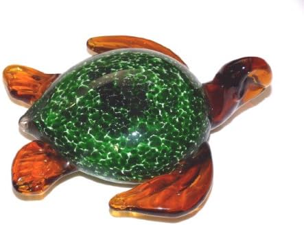 Amber Colored Glass Sea Turtle with Green Spotted Shell - Paperweight - Ocean Sealife Decor