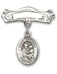 Sterling Silver Baby Badge with St. Anthony of Padua Charm and Arched Polished Badge Pin