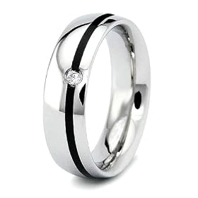 6mm Stainless Steel Ring with Black Enamel Stripe and CZ Accent - Size 6: West Coast Jewelry: Jewelry