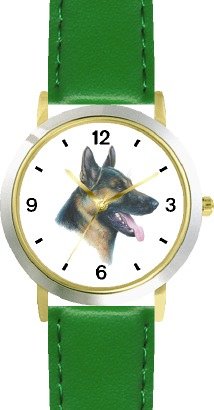 German Shepherd JP Dog - WATCHBUDDY® DELUXE TWO-TONE THEME WATCH - Arabic Numbers - Green Leather Strap-Size-Large ( Men