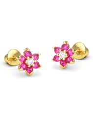 14k Gold Plated Baby Ruby Flower Children Screwback Earring With 925 Silver Post Baby, Toddler, Kids & Children