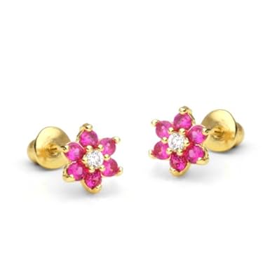 Cheap Girls Jewelry 14k Gold Plated Baby Ruby Flower Children Screwback Earring With 925 Silver Post Baby, Toddler, Kids & Children For Sale