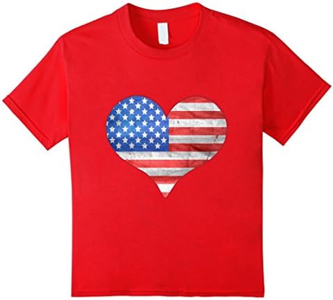 Kids American Flag Heart T-shirt - 4th July Independence Day USA 6 Red